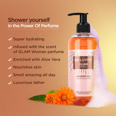 Bella Vita Luxury Glam Woman Body Wash Refreshing Shower Gel for Deep Cleansing, Hydrating, Moisturising, Softer & Smoother Skin with Aloe Vera 500 ml